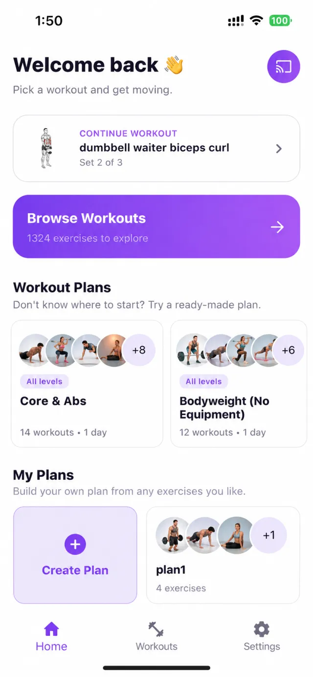 All Workout home screen in the Original light theme