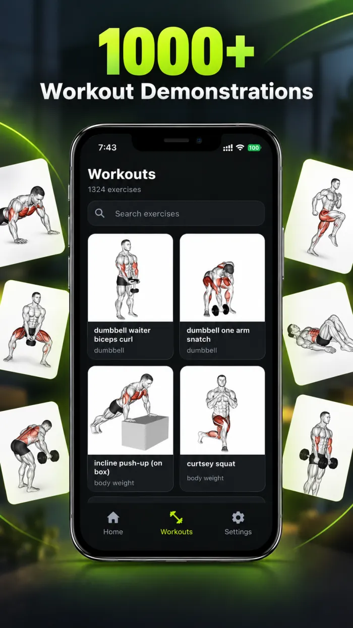 All Workout phone library grid of animated exercise demonstrations with search and filters