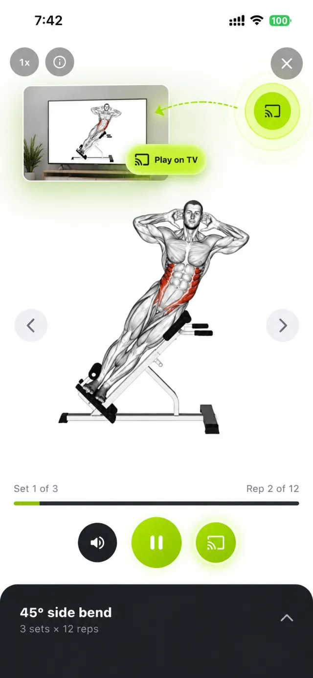 All Workout exercise player on a phone with set and rep progress and a Play on TV button