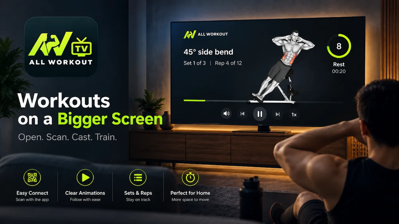 All Workout TV banner showing easy connect, clear animations, sets and reps on a home TV